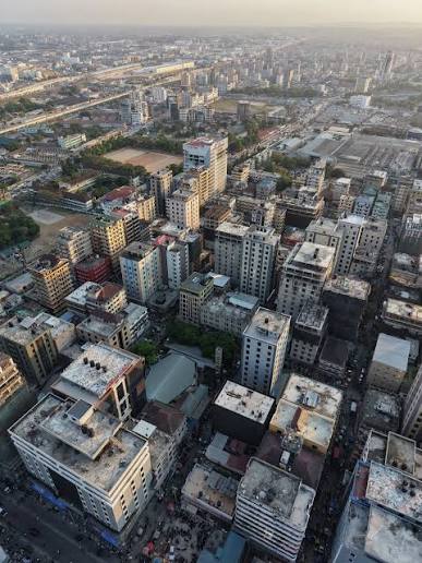Aerial view of a dense urban neighbourhood